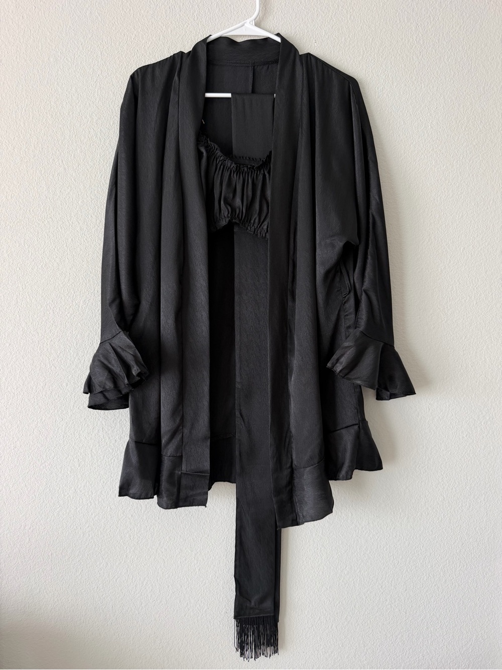 Black Satin 3 Piece Lounge Set S Robe Bralette Ruffle Shorts Lingerie PJ NWOT